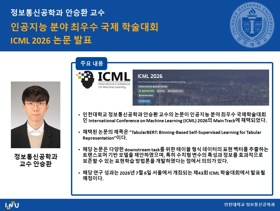 정보통신공학과 안승환 교수 인공지능 분야 최우수 국제 학술대회 ICML 2026 논문 발표