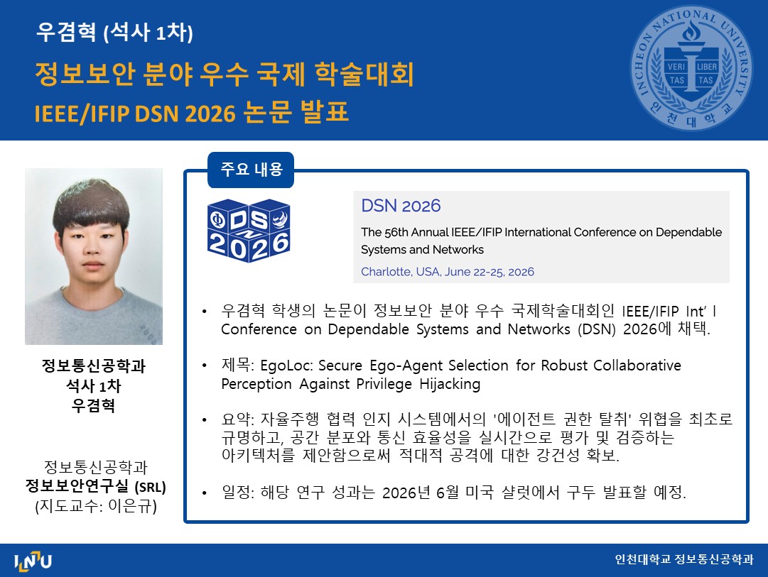 우겸혁(석사 1차, 지도교수 이은규) 정보보안 분야 우수 국제 학술대회 IEEE/IFIP DSN 2026 논문 발표 우겸혁(석사 1차, 지도교수 이은규) 정보보안 분야 우수 국제 학술대회 IEEE/IFIP DSN 2026 논문 발표