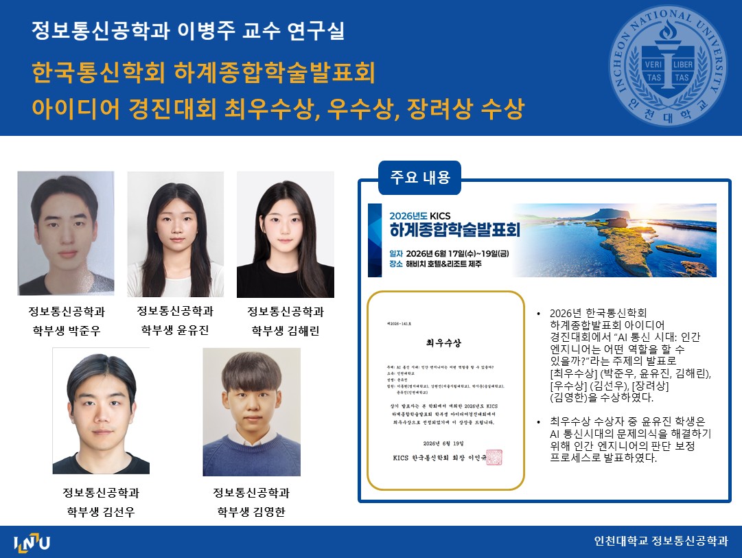 이병주교수실(박준우,윤유진,김해린,김선우,박영한) 한국통신학회 하계종합학술발표회 아이디어 경진대회 최우수상, 우수상, 장려상 수상
