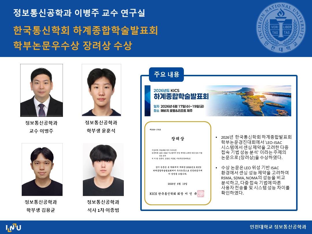 이병주 교수실(윤훈석, 김용군, 이종범) 한국통신학회 하계종합학술발표회 학부논문우수상 장려상 수상