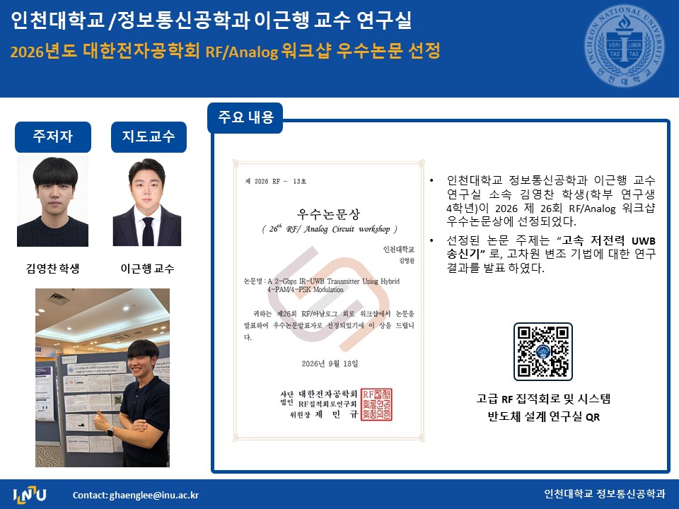이근행 교수 연구실(4학년 김영찬) 2026년도 대한전자공학회 RF/Analog 워크샵 우수논문 선정