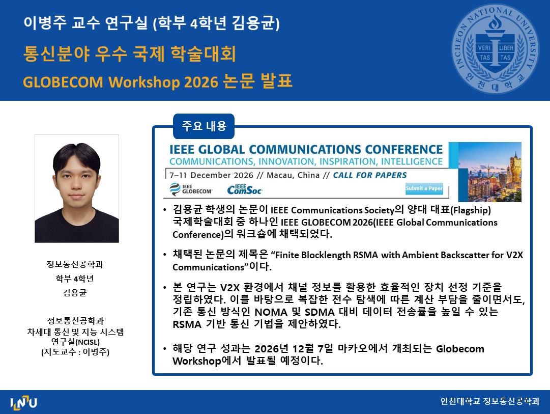 이병주 교수 연구실 (학부 4학년 김용균) 통신분야 우수 국제 학술대회 GLOBECOM Workshop 2026 논문 발표